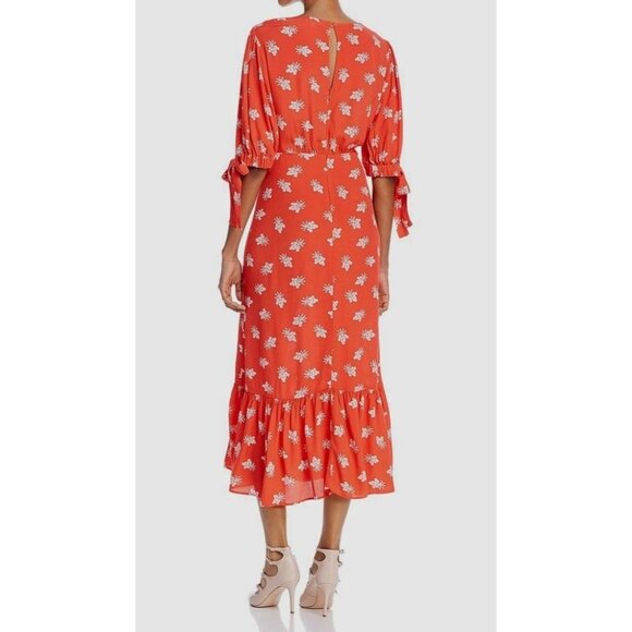 Ghost London Women's Red Orange Printed Crew-Neck Ruffle Crepe Midi Dress Size S - Picture 2 of 10